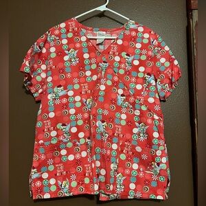 Disney tinkerbell Christmas scrub top red green lollipop snowflake size large